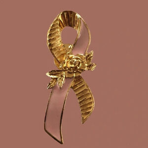 Avon Gold Tone Pink Enamel Breast Cancer Awareness Survivor Pin Brooch 2” Rose